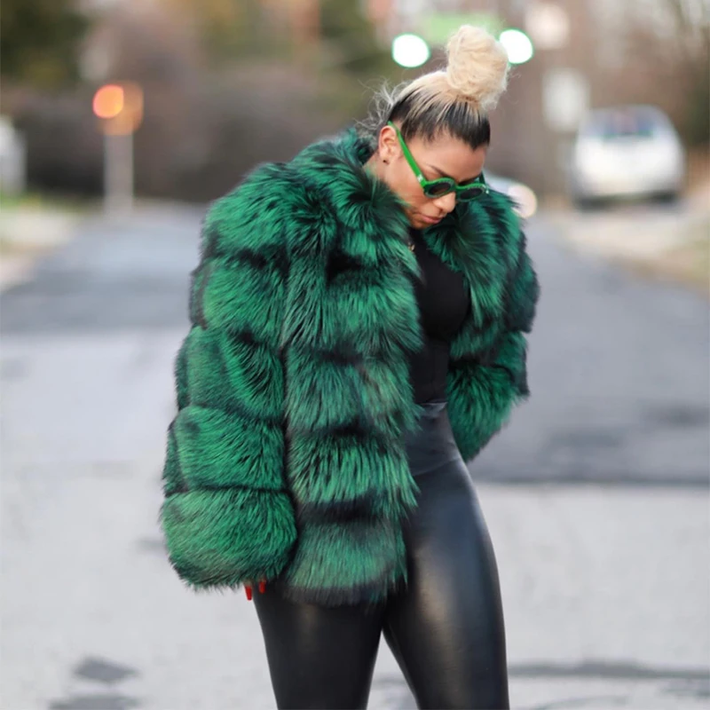 Natural Fox Fur Jacket Women Luxury Thicken High Street Outertwear Lady Winter New Warm Cozy Genuine Green Fox Fur Coat Female