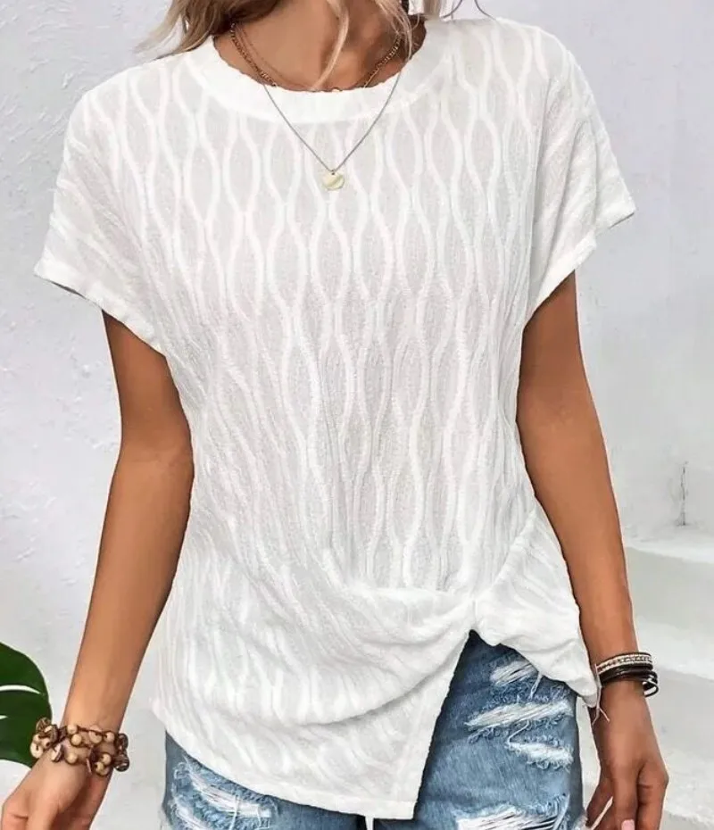 

Fashion White Shirts Summer Short Sleeve Round-Neck Solid Color Casual Blouses Female Streetwear Simple Shirts Pullovers Tops