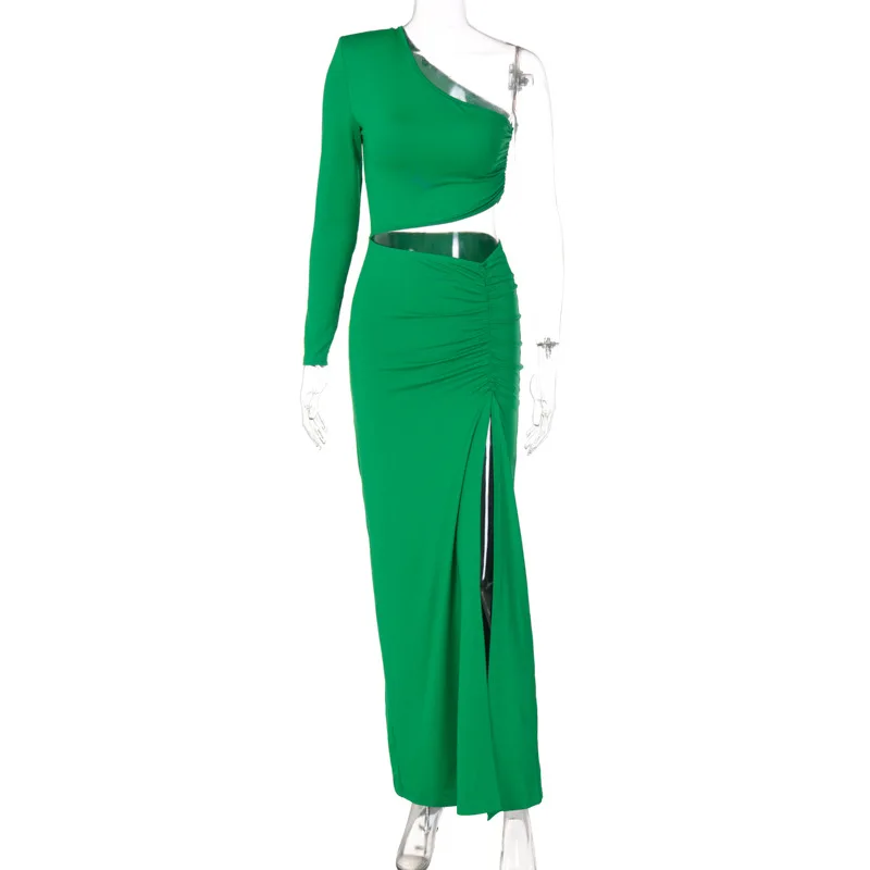 Женское ажурное плиссированное платье макси на одно плечо с разрезом длинным