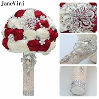 janevini silver rhinestones decoration satin rose wedding bouquets for bride pearls round bridal bouquet artificiel mariage 2022