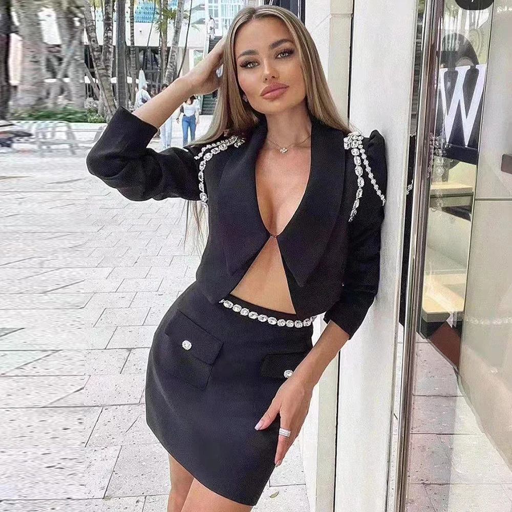 

2022 Summer Elegant Ol Women Sexy Two-Piece Set Diamond Chain Short Blazer Jacket & A-Line Mini Skirt Fashion Party Office Sets