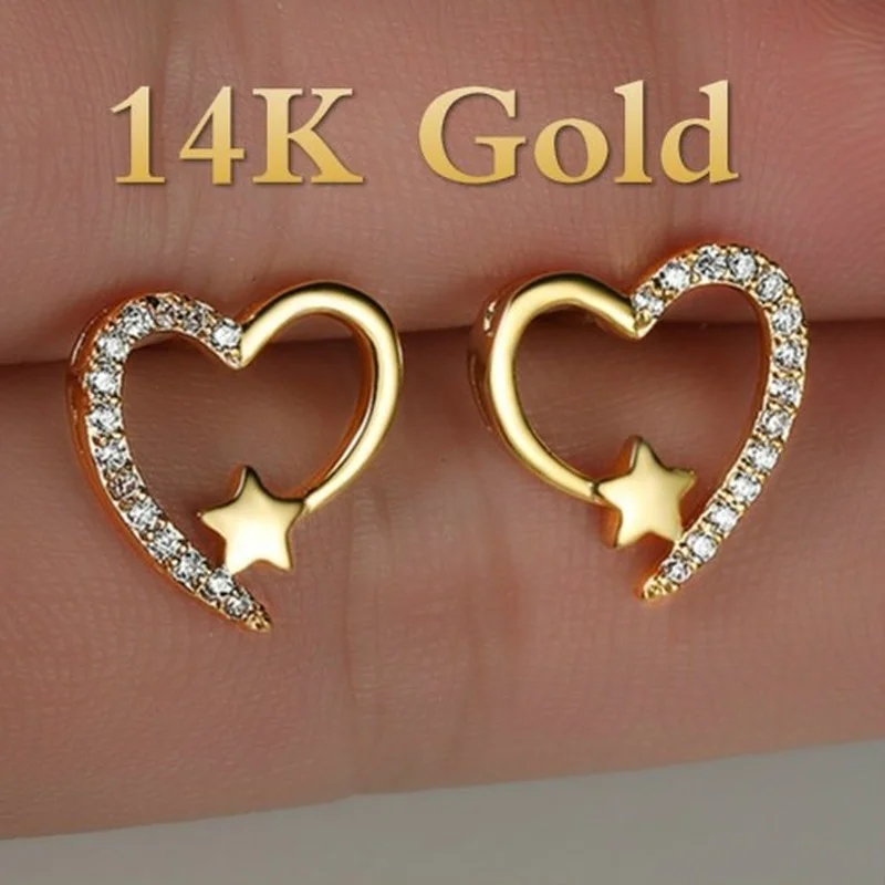 

1 Pair 14K Yellow Gold Love Heart Star White Sapphire Diamond Stud Earrings for Women Wedding Engagement Bride Jewelry Gift