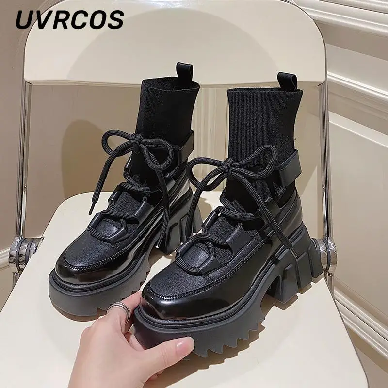 

Thick Sole Heel Boots Lace Up Women Socks Fashion Autumn British Style Round All-match 2022 New Shoes