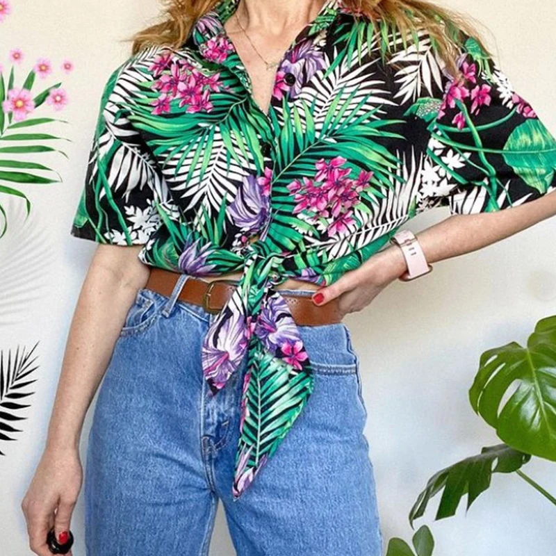 

Retro Fashion Print Lapel Short Sleeve Shirt