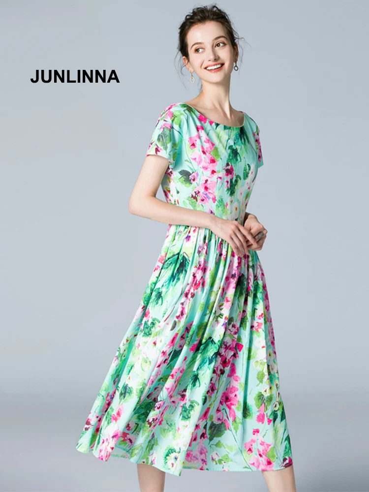 

JUNLINNA летние новые пляжные праздничные платья с круглым вырезом и коротким рукавом, Модные Платья с цветочным принтом, повседневные уличные ...