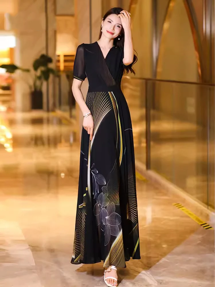 Новое женское летнее черное платье с принтом Мода V-образным вырезом короткий