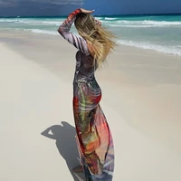 off shoulder mesh maxi dress summer illusion print sexy sleeve beachwear monsoon semi sheer thigh split party dresses