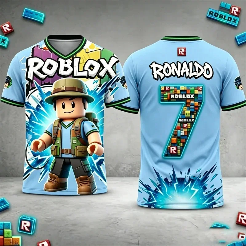 Фото Детская футболка Roblox с индивидуальным именем, 3D-принтом робота, коротким рукавом, повседневная, дышащая, спортивная, для мальчиков и девочек, летняя, подарок №5