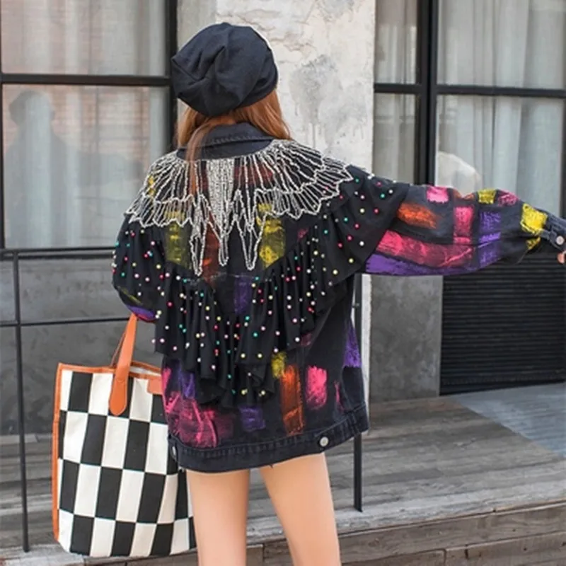 

Saveleva 2022 Autumn Fashion Rivet Beaded Color Sequins Women Denim Coat Casual Patchwork Long Sleeve Jeans Jacket