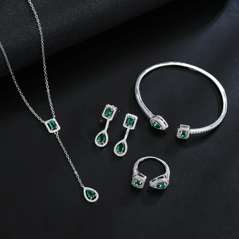 

Luxury Exaggerated Jewelry Four-piece Wedding Bridal Green Cubic Zirconia Earrings Necklace Bracelet Ring Set Free Shipping