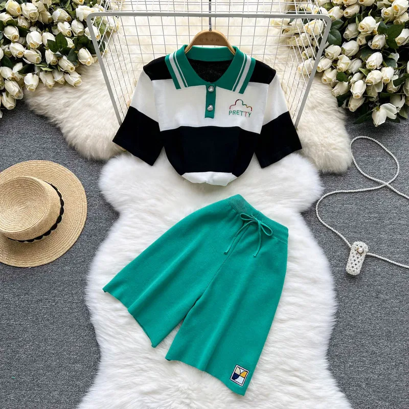 

Women Summer Tracksuit Striped Blouse and Shorts Mini Pants 2 Piece Sets Korean Casual Loose Outfits Knitted 2022 New Suits