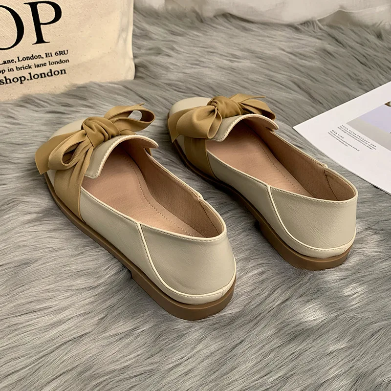 Mr Co Fashion Women Loafers Spring Autumn Slip On Round Toe Flat Single Shoes Ladies British Style Bowknot Leather Casual Shoes