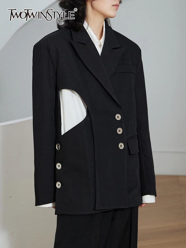 

Женский Асимметричный Блейзер TWOTWINSTYLE, черный блейзер составного кроя с английским воротником и длинными рукавами на пуговицах