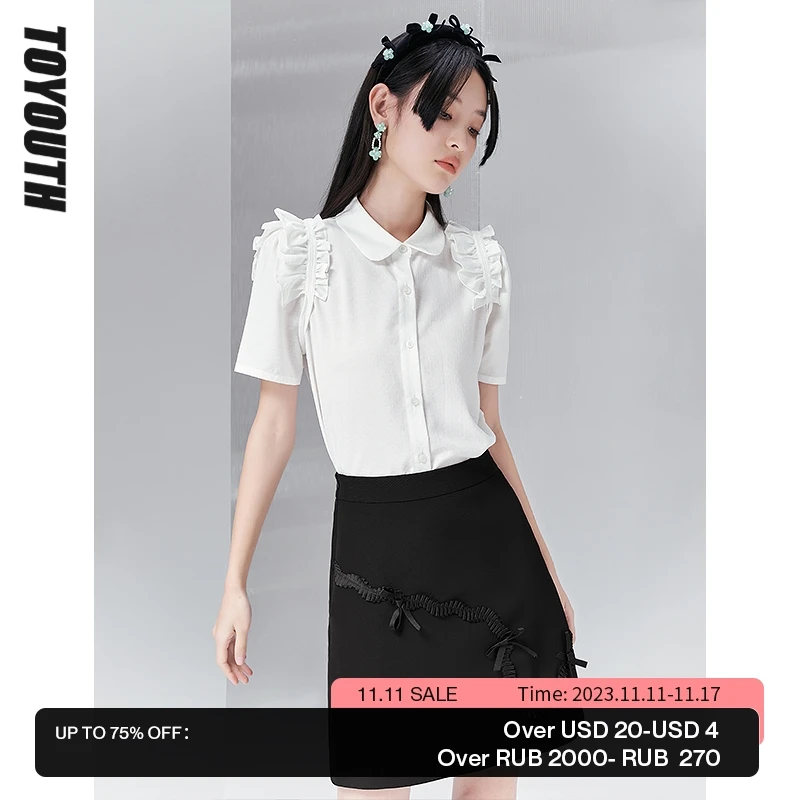 

Toyouth Women Shirts 2022 Summer Short Sleeve Doll Collar Loose Blouse Solid White Vintage Elegant Tops
