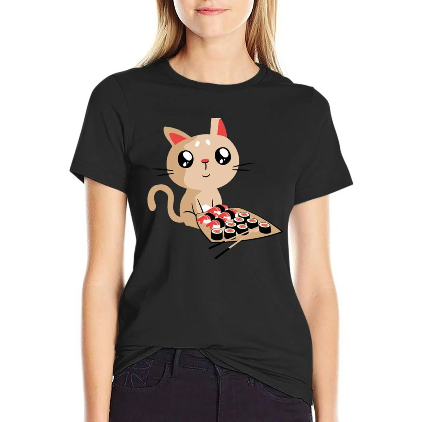 Футболка с милым котом и суши в рулонах быстросохнущая винтажная одежда стиле