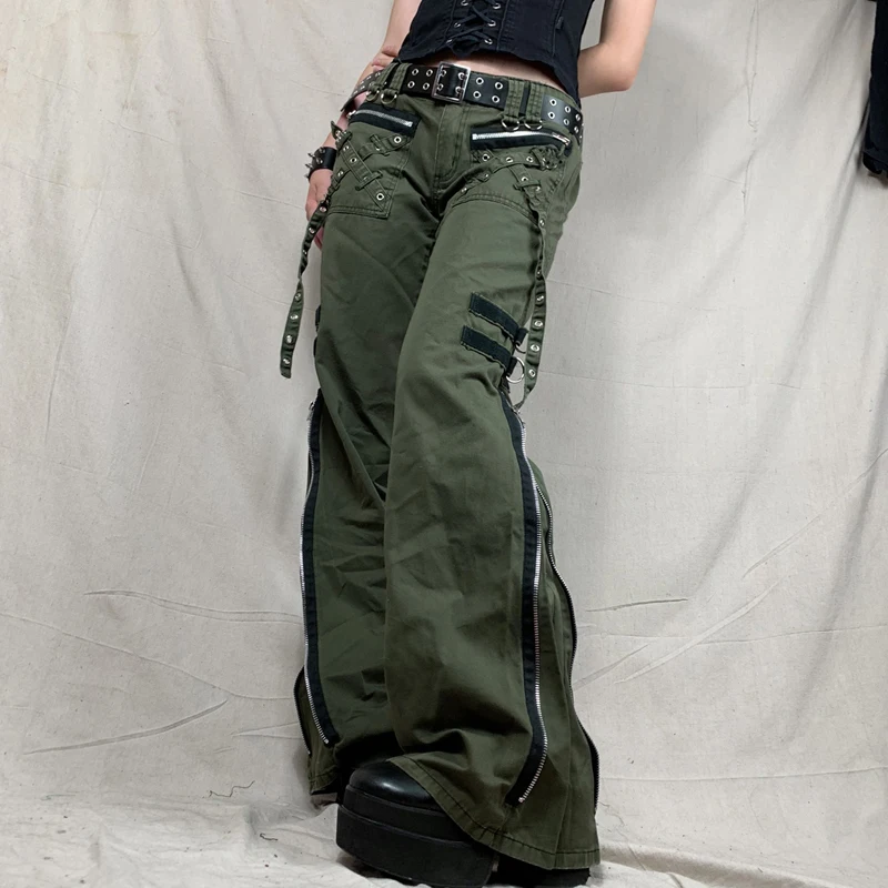 

Брюки-карго женские с заниженной талией, готические мешковатые брюки-багги в стиле ретро, зеленые джинсы на молнии, корейские спортивные шт...