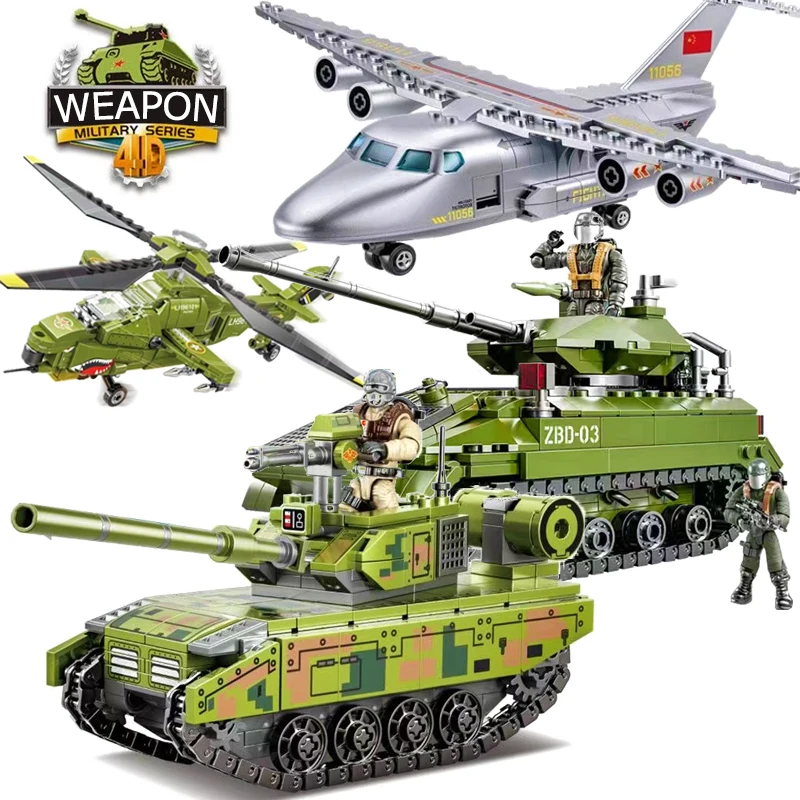 

Military Battle Tank Fighter Building Blocks Helicopter Transporter Plane Model Bricks WW2 Soldier Weapon Toy For Kid Gift MOC