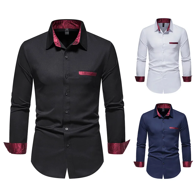 

Men Spring and Summer Interview Fashion Long Sleeve Red Lapel Color Matching Pocket Single-breasted Slim Business Casual Shirt