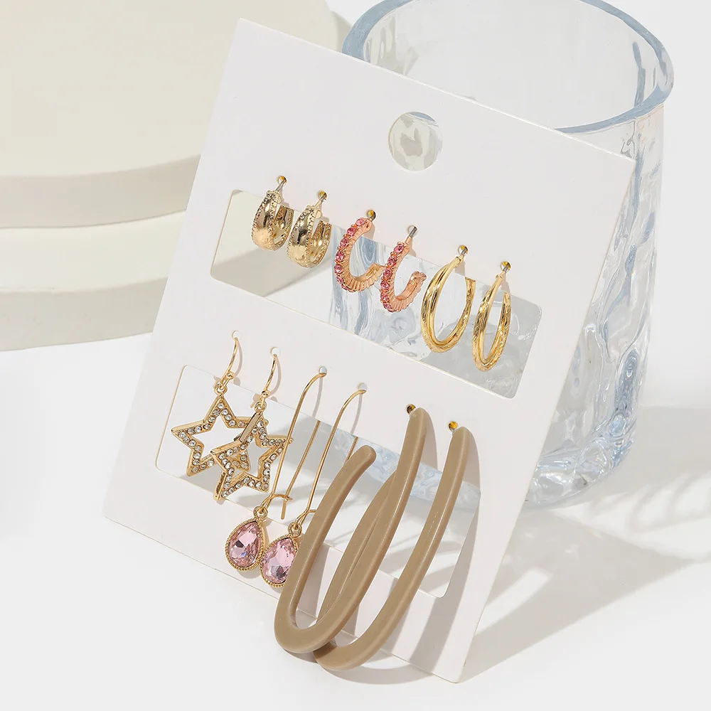 

Women Earring Sets Gold Crystals OL Gold Stars C Shape Mixed Earrings Set for Women Female