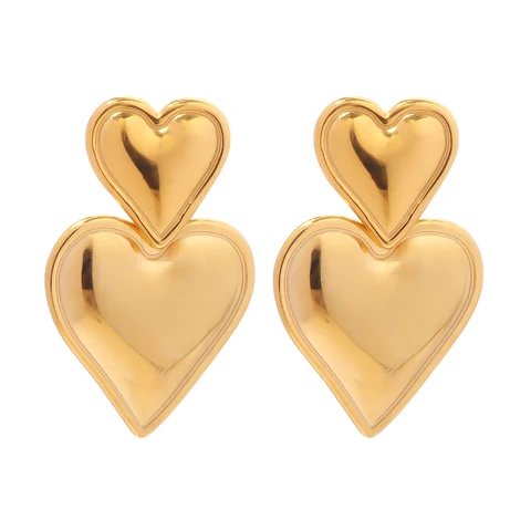 Uworld Luxury Trendy Double Heart Shaped Earrings 18K Stainless Steel Gold Plated Smooth Love Titanium Drop Earrings For Women