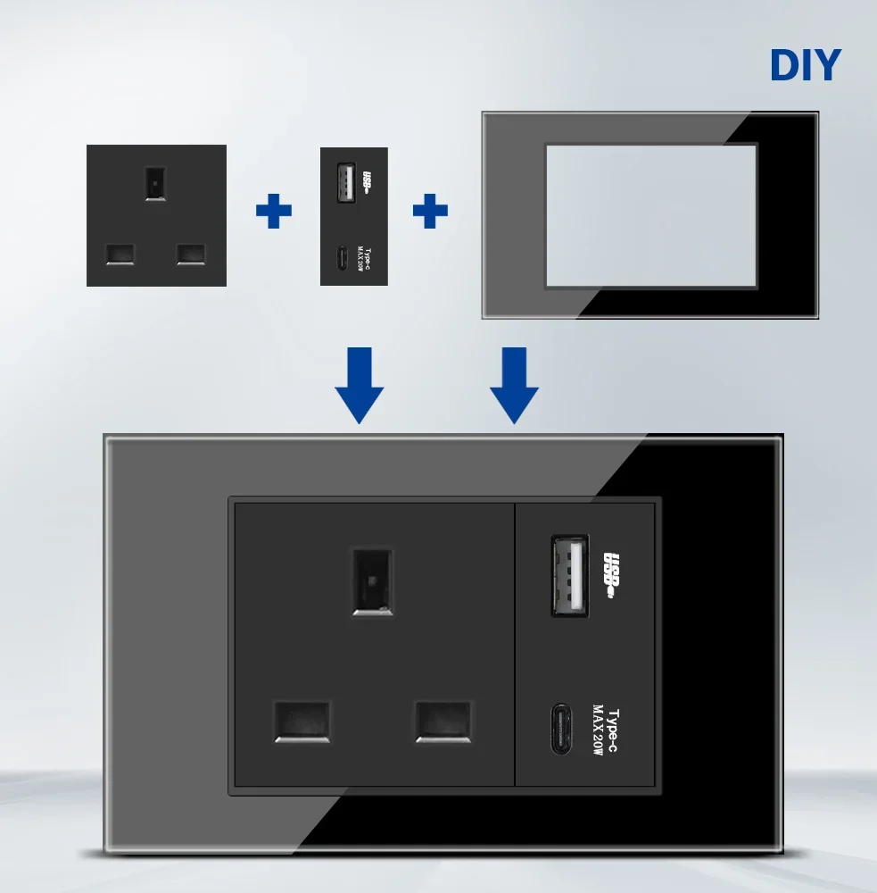 Многофункциональная настенная розетка DELEFU с USB-портом типа C черная на английском