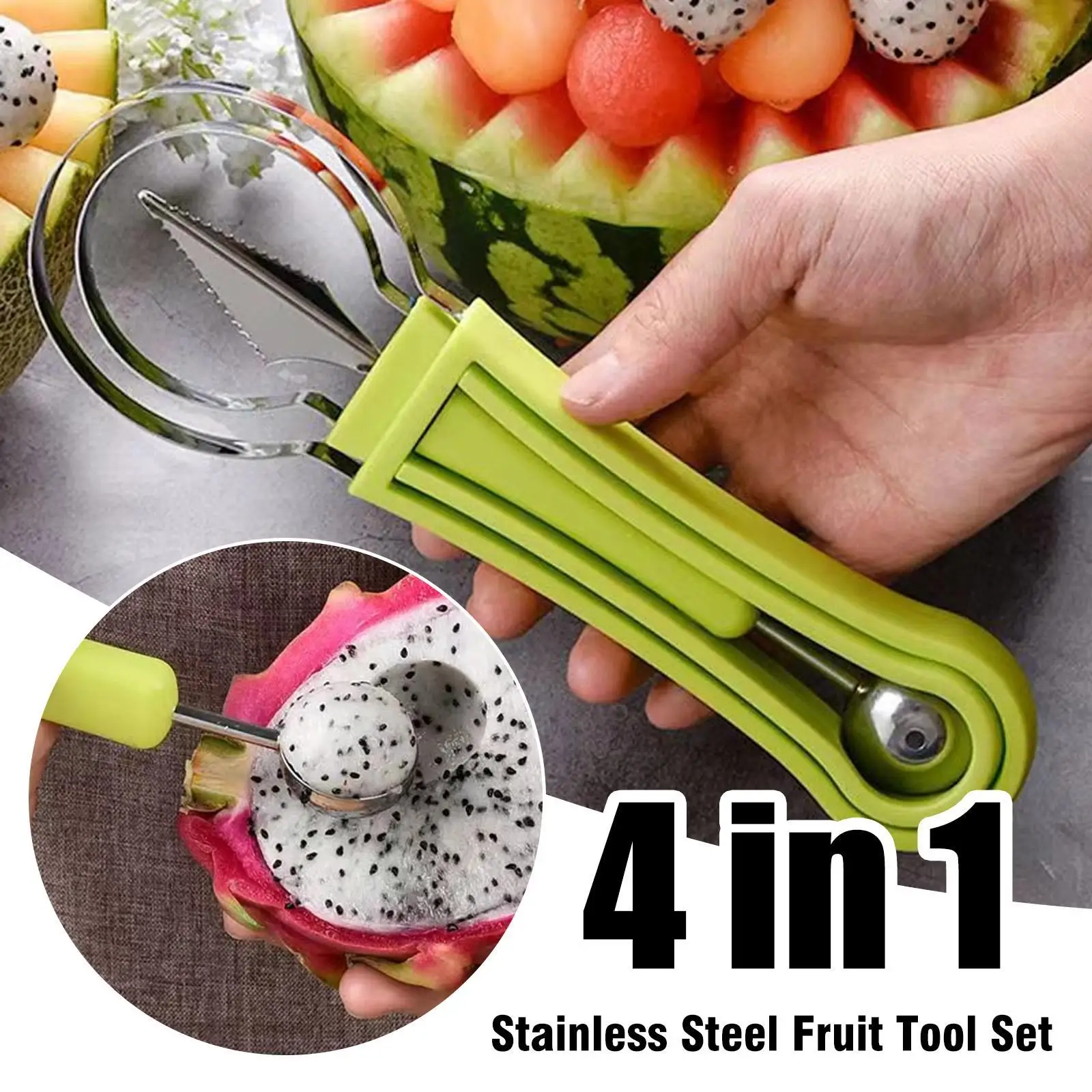 Fruit and Vegetable Tools 4 In 1 Watermelon Slicer Cutter Ice Cream Scoop Fruit Carving Knife Pulp Separator Kitchen Accessories
