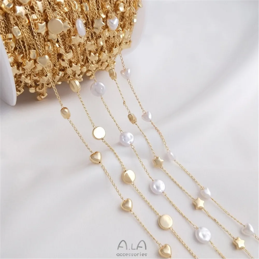 

14k Gold covered peach heart five pointed star Pearl Chain Baroque imitation pearl chain DIY manual chain necklace loose chain