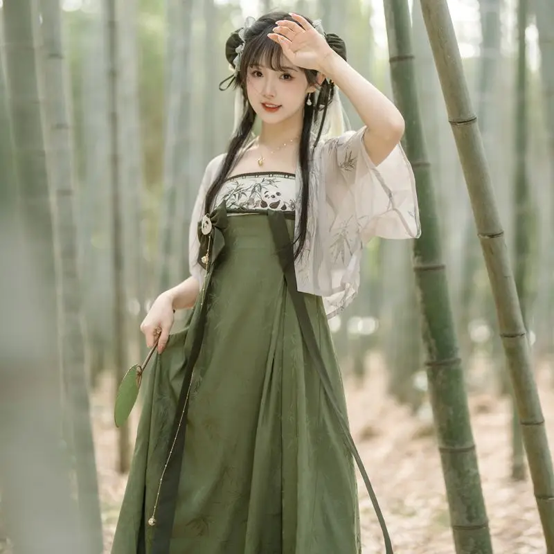 

Cute Green Panda Bamboo Printed Hanfu Suspender Dress with Cardigan Women Improved Kawaii Girls Lolita Dresses Vestidos Chinos