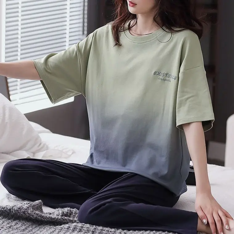 Yasuk Spring Summer Women Men Casual Soft Sleepwear Homewear Couple Pajamas Set Pants Cotton Simple Solid Color Tie-Dye Unisex