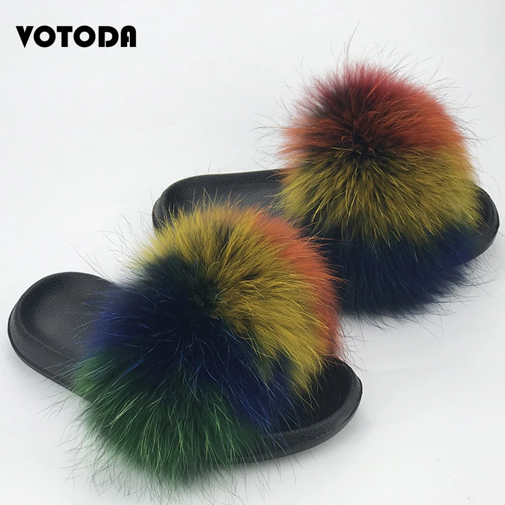New Fur Slippers Women Fluffy Real Fox Fur Slides Fuzzy Raccoon Hair Flip Flops Comfortable Indoor Sandals Summer Woman Fur Shoe