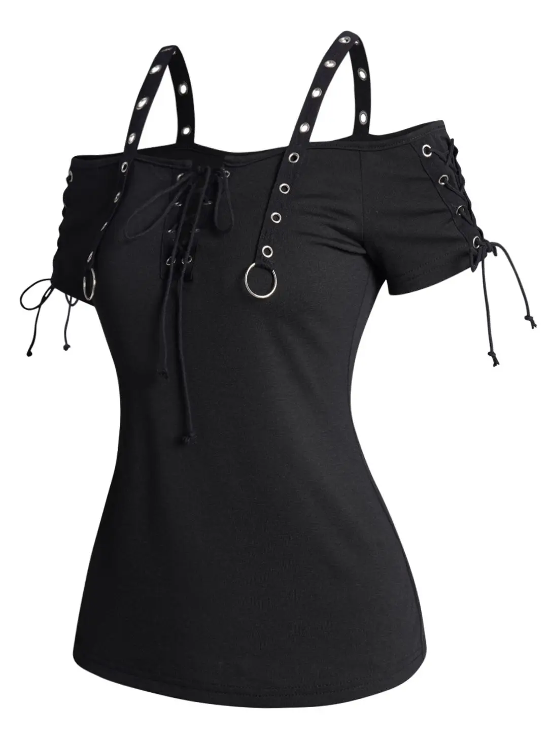 

Dressfo Short Sleeve Straps T Shirt Open Shoulder Solid Black Grommet Lace Up Casual Tee Summer Women Gothic T-Shirts