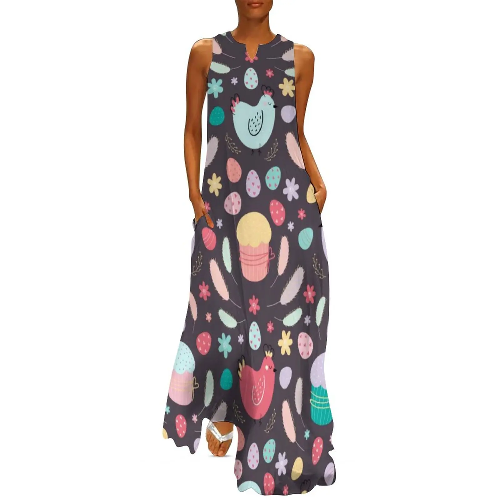 

Cartoon Chicken Dress Summer Easter Egg Print Street Style Bohemia Long Dresses Women Modern Maxi Dress Birthday Present