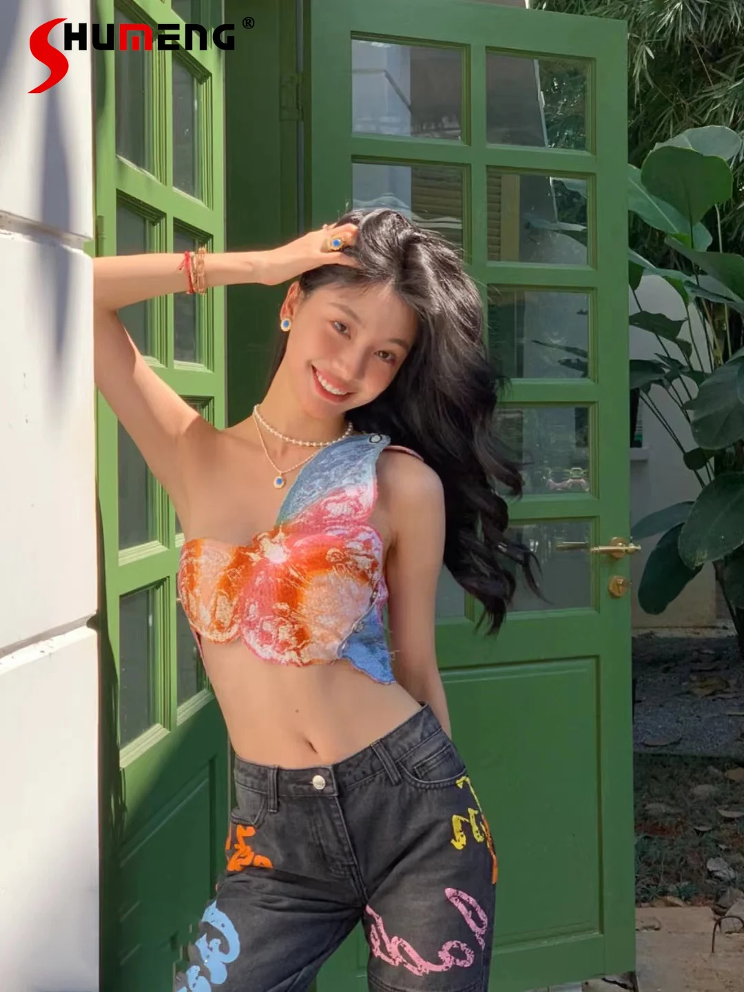 

Y2k Cute One Shoulder Butterfly Orange Crop Vest Top Women's 2022 Summer New Sexy Sleeveless Tie-Dyed Navel Tube Tops for Women