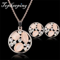 bestwishes wedding bridal accessories crystal round pendent 18k gold plated opal necklace earrings womens jewelry sets