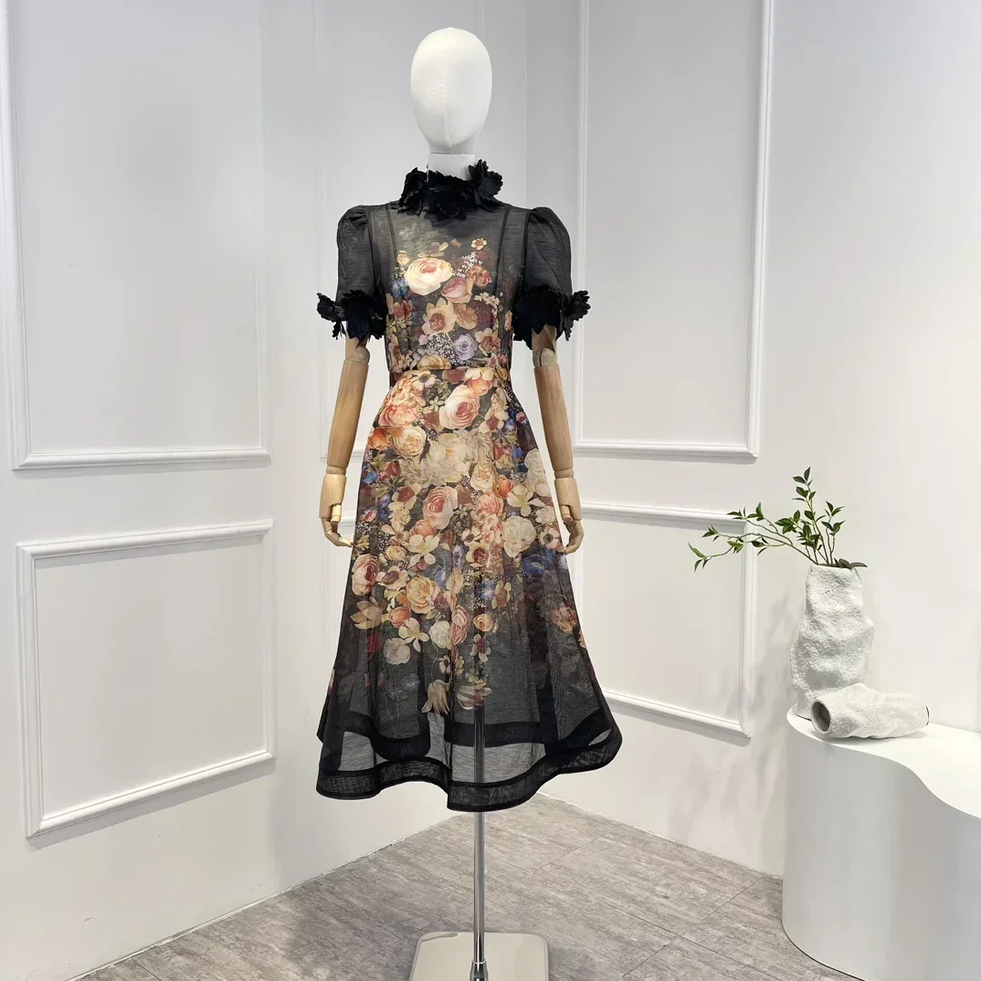 

2023 New Silk Linen High Quality Spring Summer Appiques Vintage Floral Printing Short Sleeve Woman Midi Dress