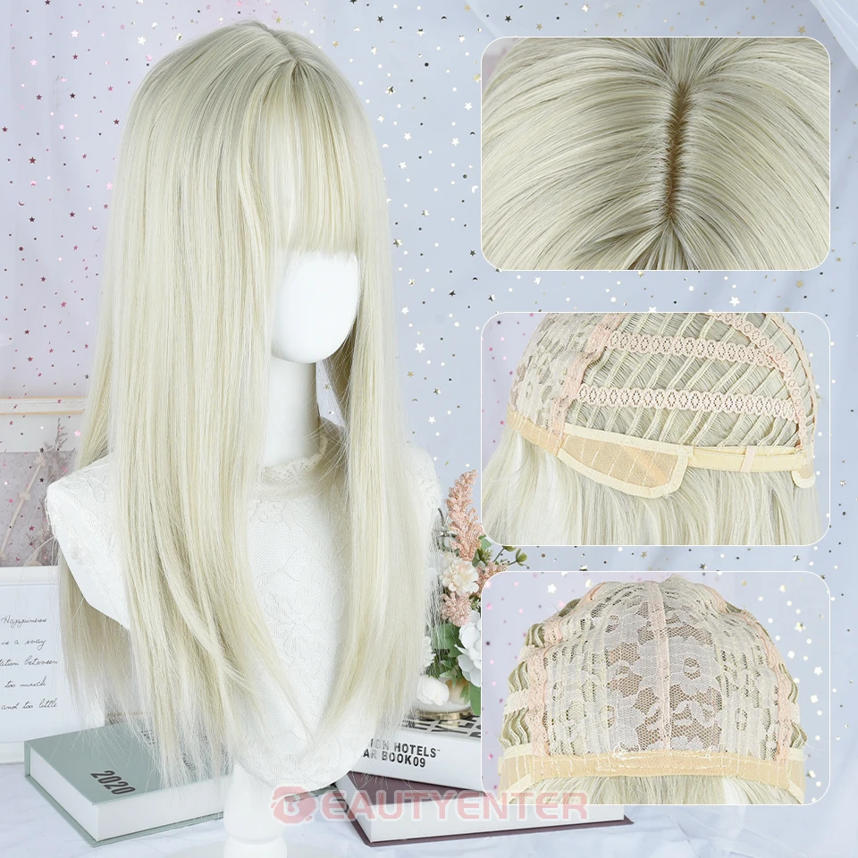 Длинные прямые белые платиновые синтетические парики с челкой для женщин Белый