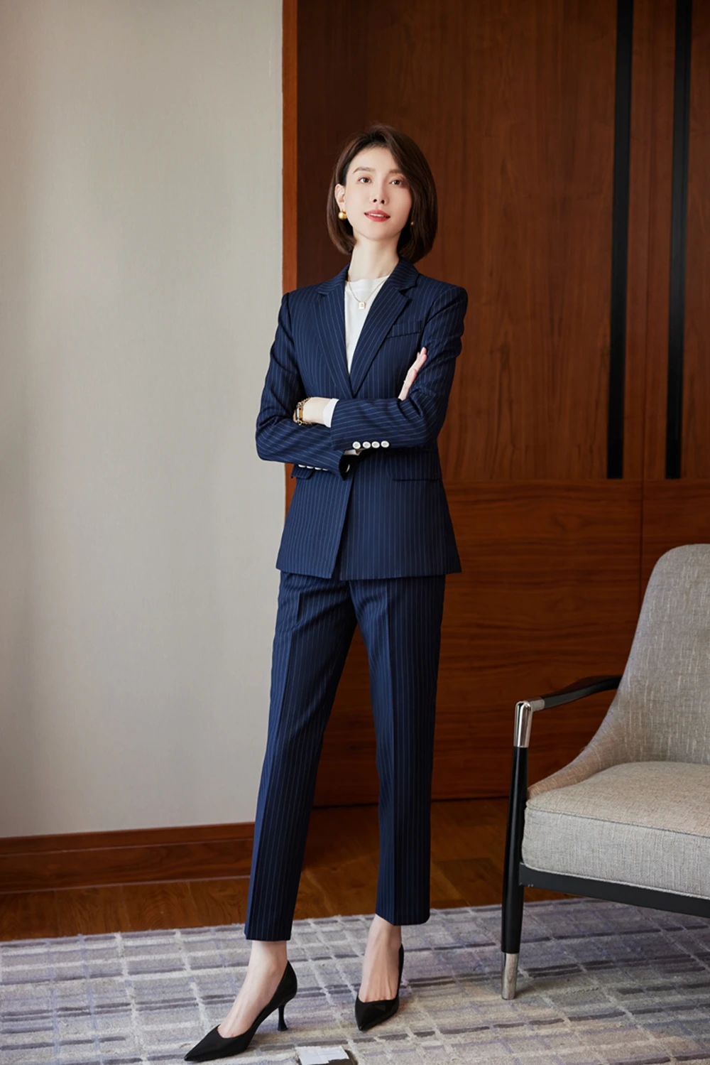 Office Ladies Gray Blue Black Striped Formal Pant Suit 2 Piece Blazer Set Women Female Jacket and Trouser For Work Business Wear