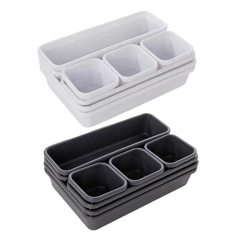 

2Set Organizer Box Trays Storage Bathroom Closet Desk Box Drawer Organization Tray Cutlery Stationery White & Black