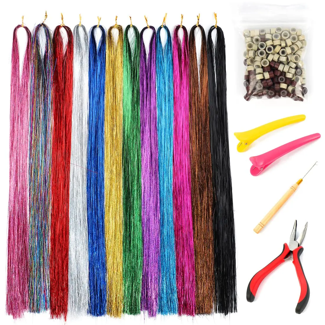 Synthetic Fairy Hair Tinsel Kit with Tools 48Inch Glitter 13Colors 2600 Strands Colored Hair Extensions for Women Girls