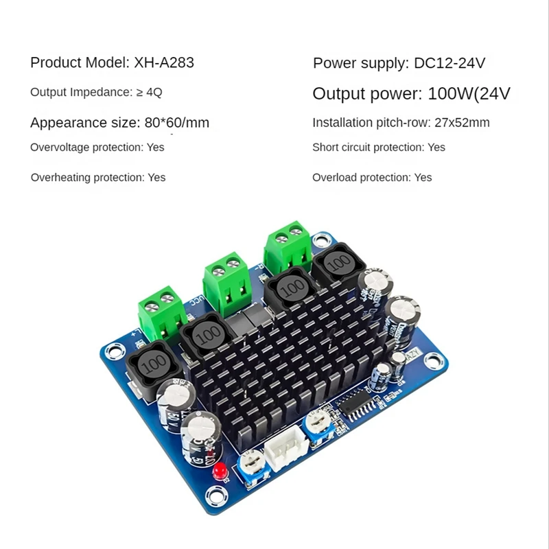 

XH-A283 100W+100W Dual Channel Amplifier Board Stereo DC12-24V Amplifier Board Digital High Power Amplifier Module