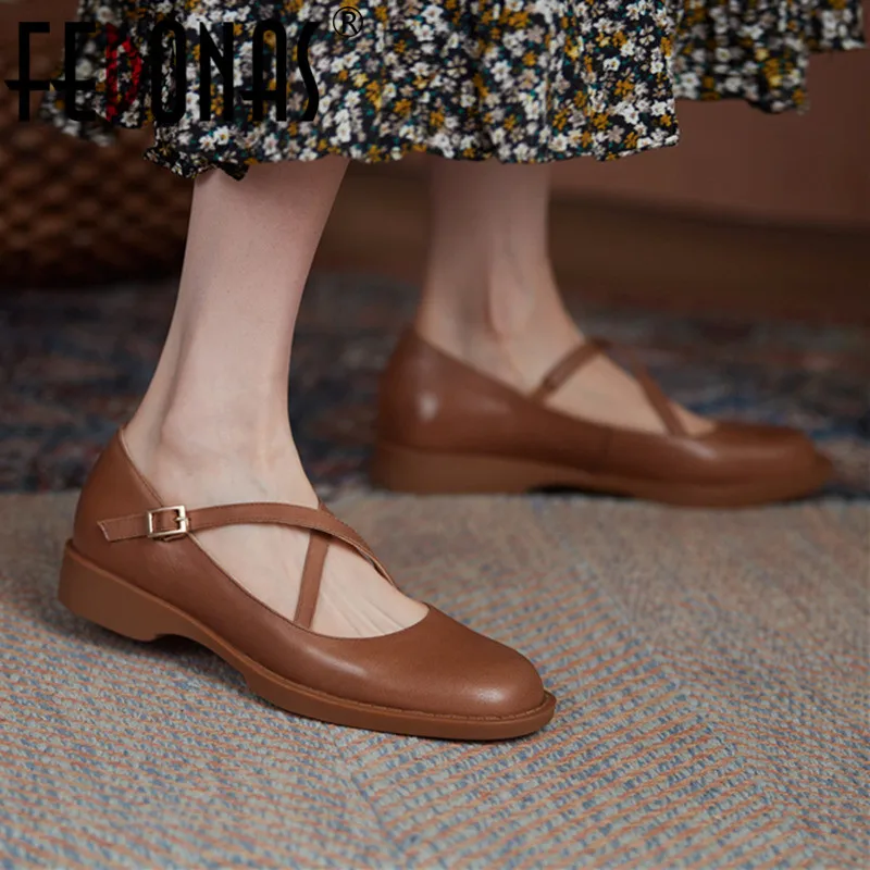 

FEDONAS Cross-Tied Mary Janes Women Pumps Round Toe Low Heels Spring Summer Casual Concise Shoes Woman Genuine Leather Newest