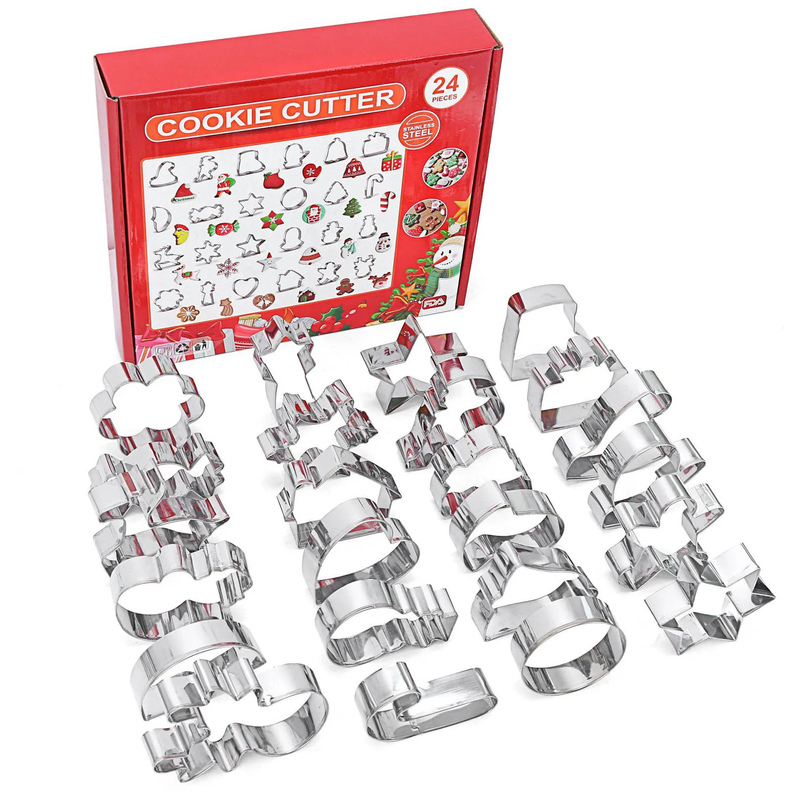 

24pcs Stainless Steel Christmas Shapes Cookie Cutters Kitchen Gadgets Accessories DIY Fondant Pastry Decorating Baking Tools