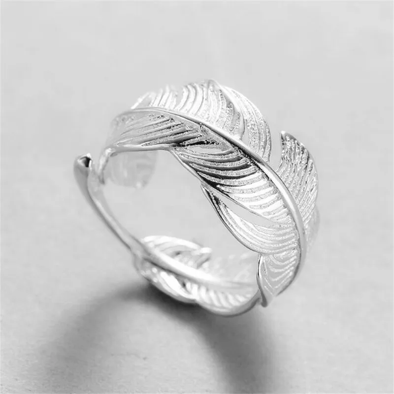 

2022 New Retro Silver Color Feather Open Rings for Women Men Couples Hip Hop Adjustable Ring Summer Fashion Tide Flow Jewelry