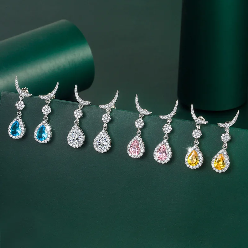 

European and American New Fashion Colored Diamond Water Drop Pear Earrings Simple Trend Moon High-end Earrings Earrings