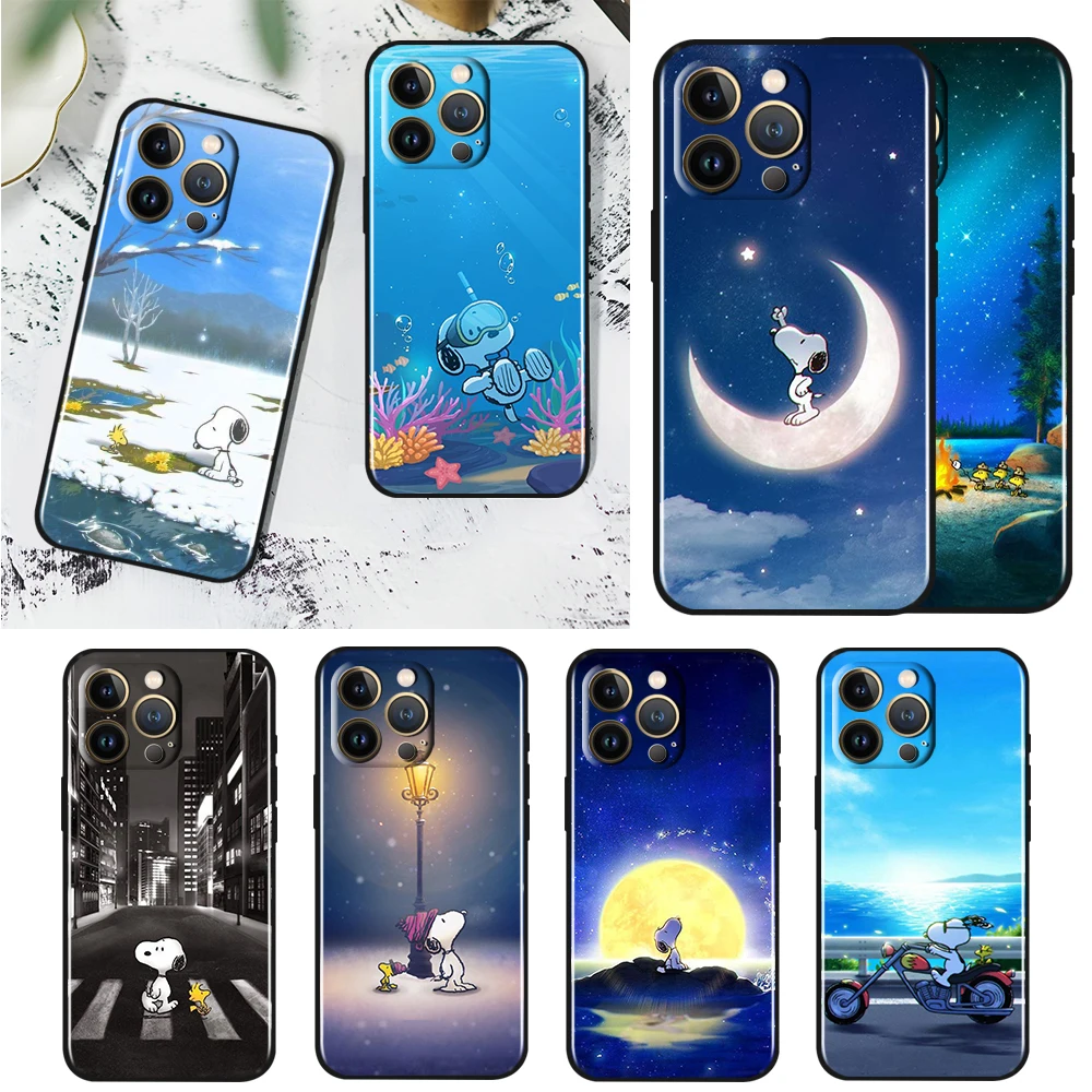 

Hot Snoopy Dog Cartoon For Apple iPhone 14 13 12 11 Pro Max Mini Silicone Soft Black Phone Case Cover Capa Coque Shell Fundas