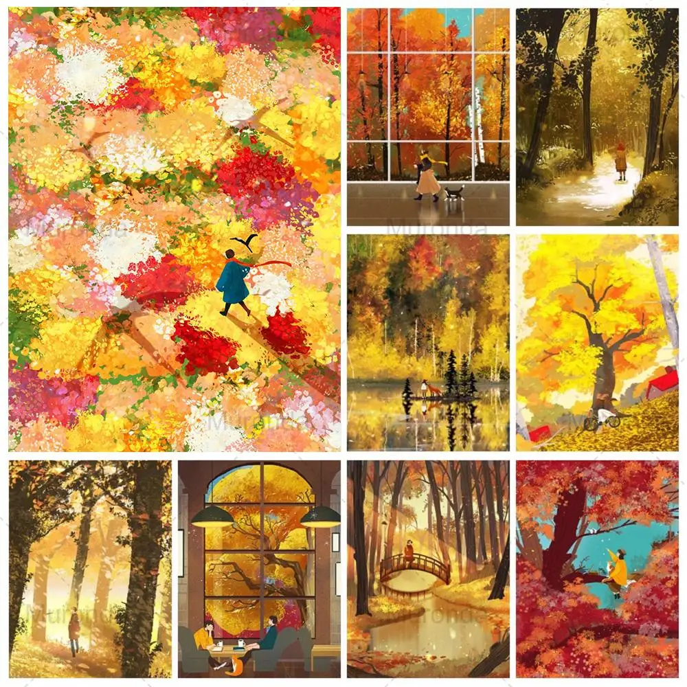 

Diy 5D Diamond Painting Cartoon Autumn Landscape Figures Illustration Full Diamond Embroidery Cross Stitch Kit Home Decor Crafts