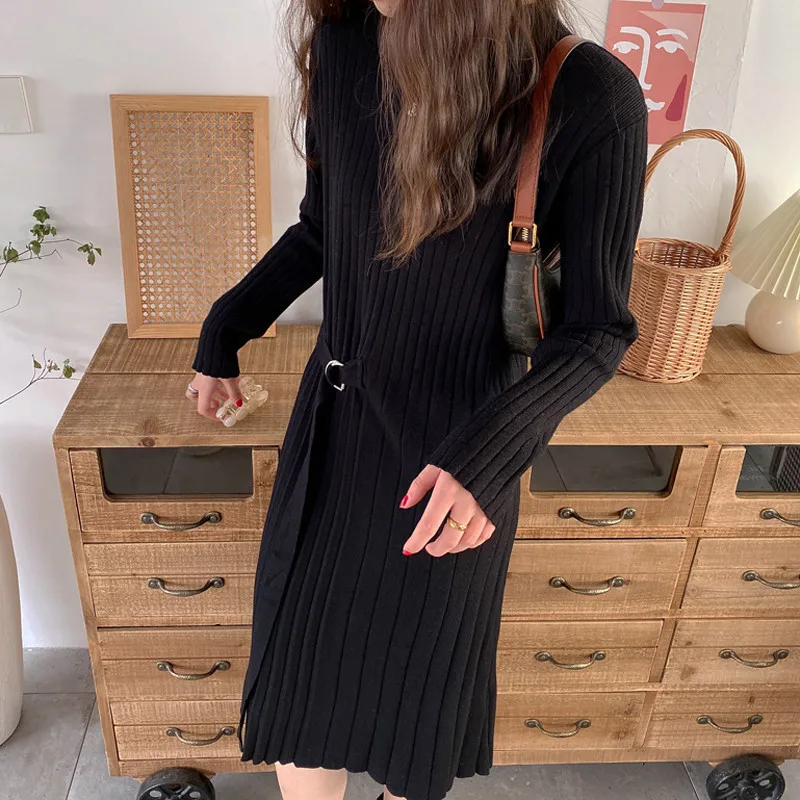 Autumn Winter Women Draped Knitted Dress Fashion Causal Long Sleeve Black Elegant Sweater Dresses for Femme with Belt 2023 New