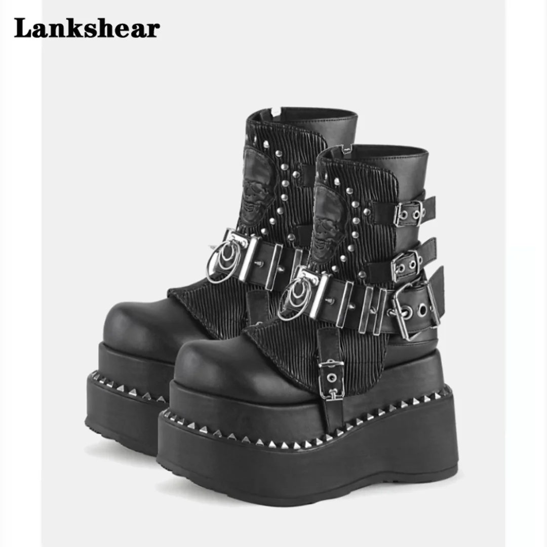 Rcok Ботинки на платформе в стиле панк с круглым носком и металлической пряжкой