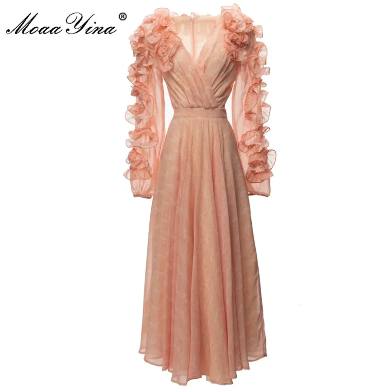 

Women's Dress Deep V-Neck Lantern Long Sleeve Ruffle Solid Gorgeous Dresses For Women 2023 Runway Luxury Brand High Quality