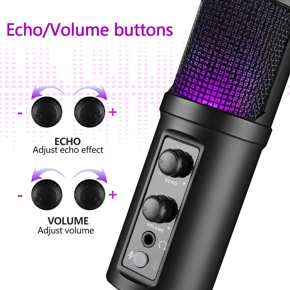 usb condenser recording microphone for pc laptop recording streaming gaming singing echo controlled desktop mic 850rgb free global shipping